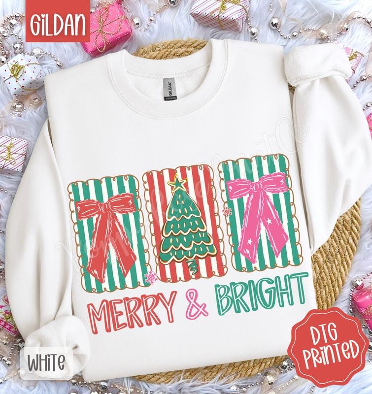 Coquette Merry & Bright Sweatshirt, Trendy Women's Christmas Crewneck T-Shirts, Hoodie | HypeDripTees.com
