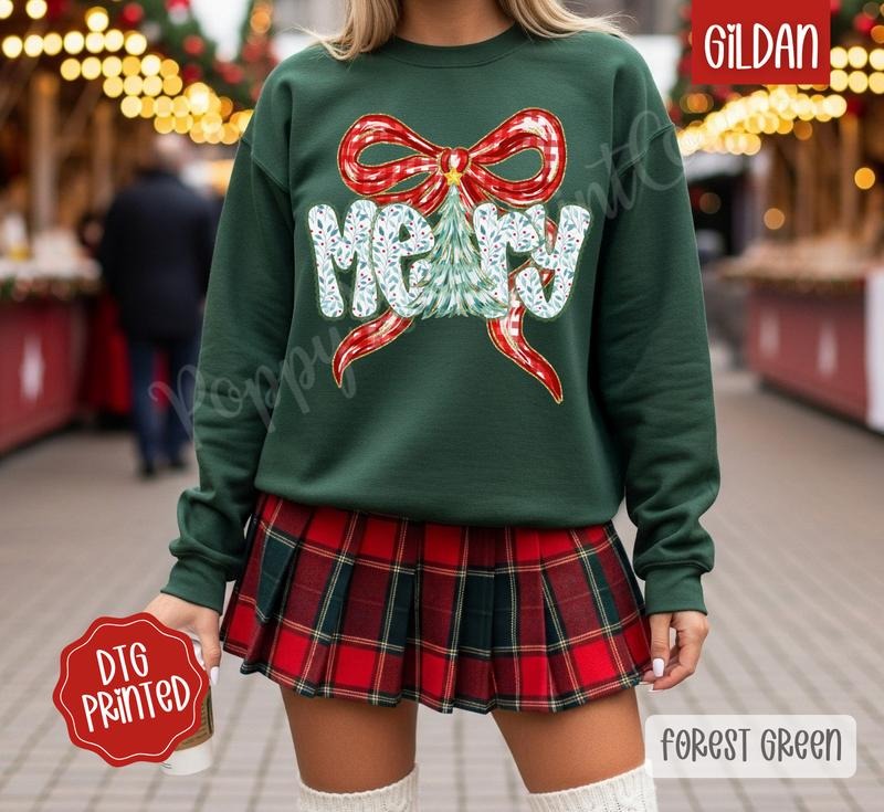 Coquette Merry Sweatshirt, Trendy Women's Christmas Crewneck T-Shirts, Hoodie | HypeDripTees.com