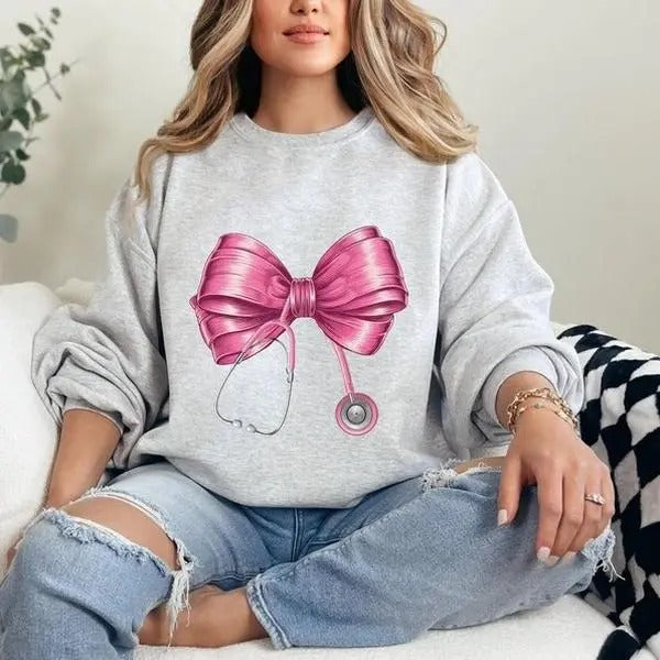 Coquette Nurse Stethoscope Bow Sweatshirt, Healthcare Worker, Nurse Appreciation, Nursing School, Future Nurse, Unisex...