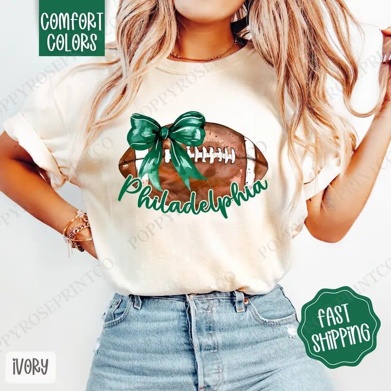 Coquette Philadelphia Football Bow Shirt Comfort Colors, Women's Football Tee, Fall Womenswear Oversized Crewneck Hoodie,...