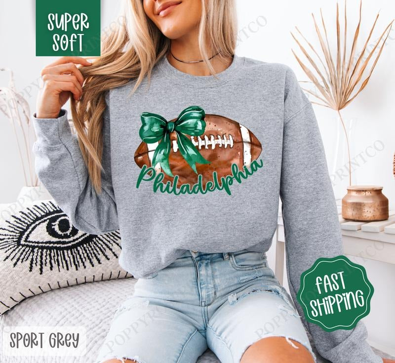 Coquette Philadelphia Football Bow Sweatshirt, Game Day Football Crewneck, Fall Women's Sweatshirt T-Shirts, Hoodie