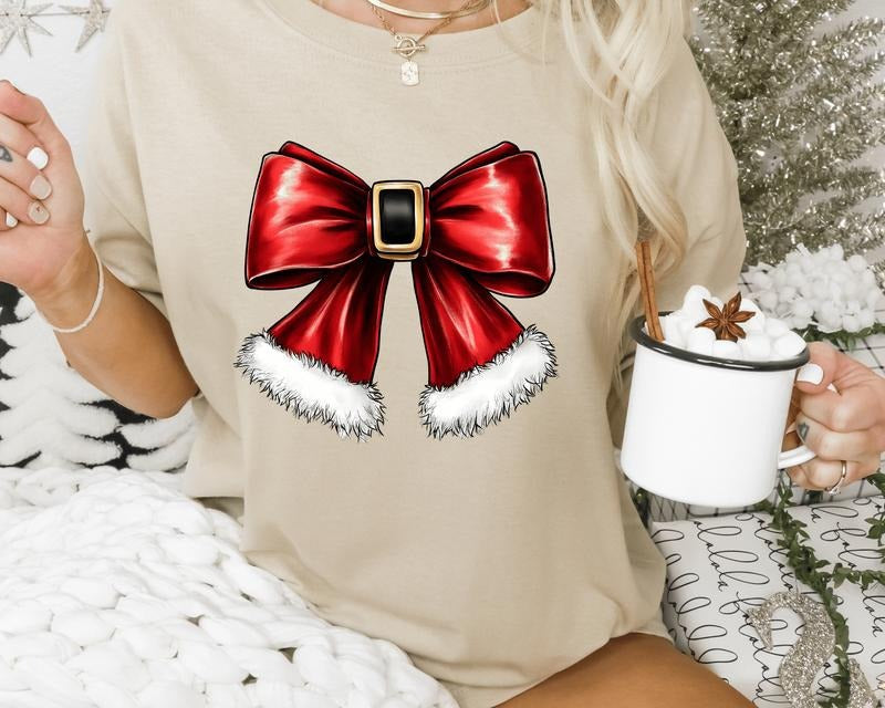Coquette Santa Bow Christmas Shirt - Cute Holiday Graphic Tee, Casual Fall Softstyle Unisex T-Shirt