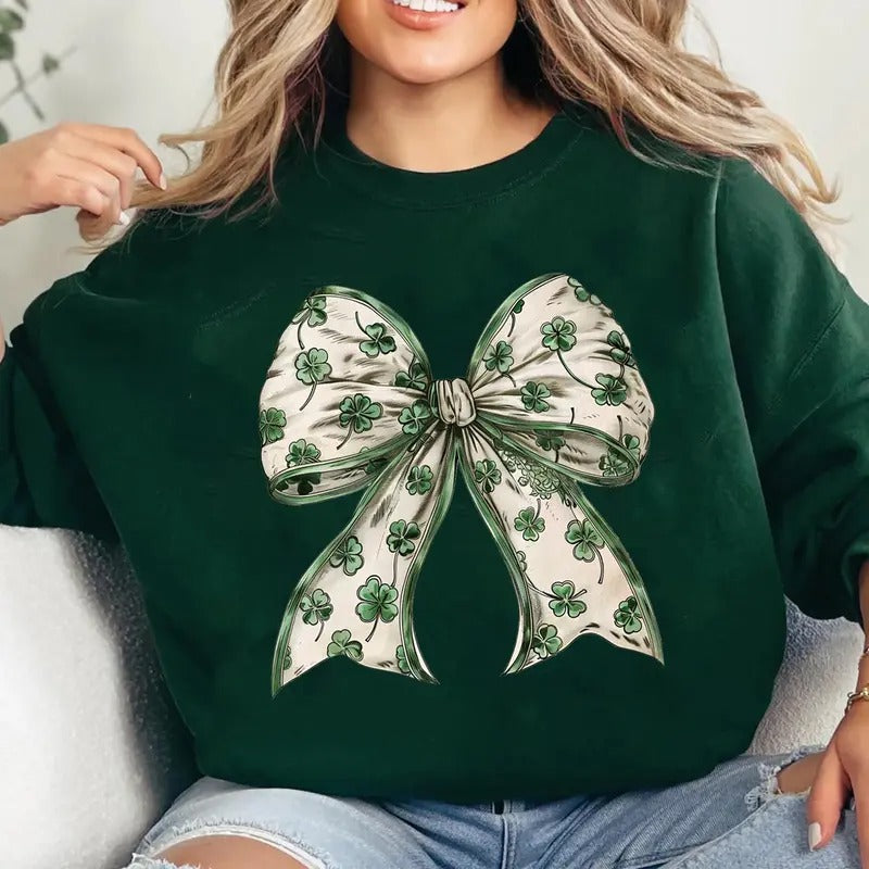 Coquette St Patrick's Day Sweatshirt, Bow St Patty's Day T-Shirt, Lucky Shamrock Tee Shirt, Lucky Charm Tee, Irish Four...