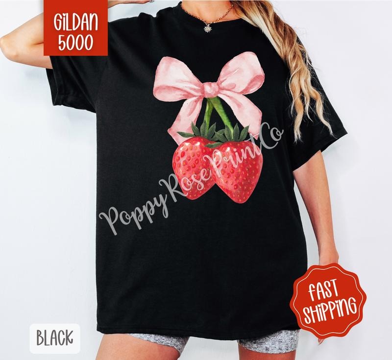 Coquette Strawberry Gildan Tshirt , Fruit Summer Tee, Cute Women's Shirt, Gift For Her Hoodie, Sweatshirt | HypeDripTees.com