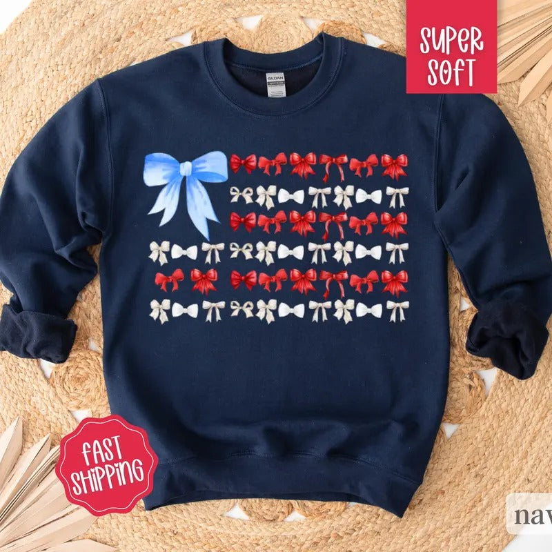 Coquette USA Bow Flag Patriotic Shirt July 4th Red White Blue Bow T-Shirts, Hoodie, Sweatshirt
