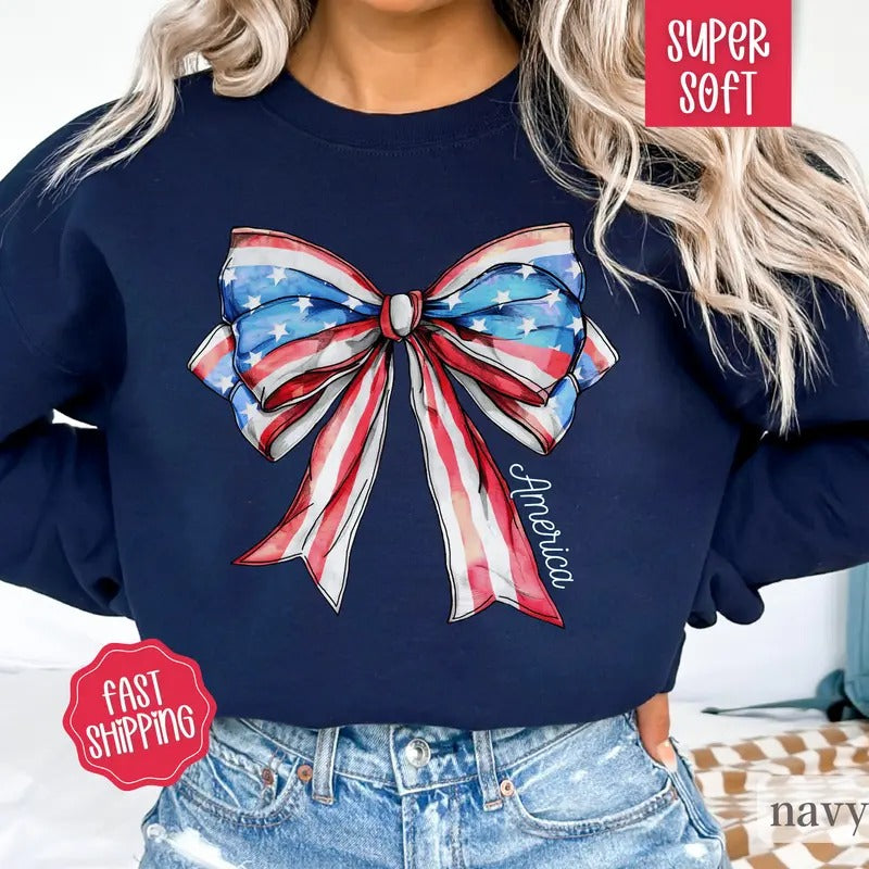 Coquette USA Bow Sweatshirt, USA Sweatshirt, America Bow Sweater, Flag Sweater, July 4th Outfit T-Shirts, Hoodie