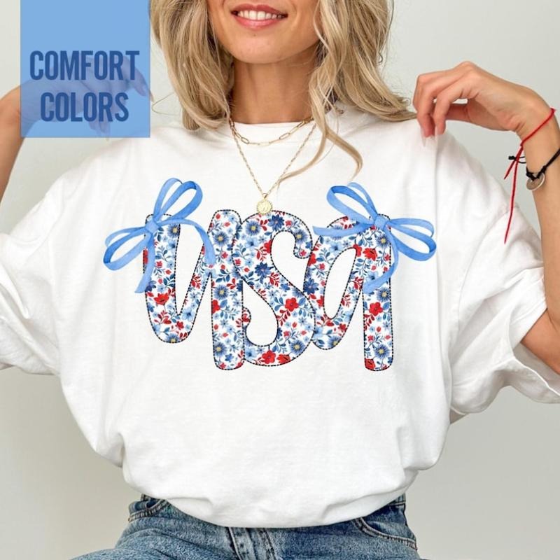 Coquette USA Shirt, 4th of July Shirt Women, Stars Stripes USA Flag Shirts, Floral Patriotic Shirt, Red White Blue...