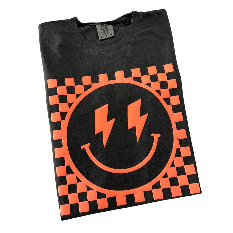 Coral Puff Checkered Happy Face Comfort Colors T-Shirt Hoodie, Sweatshirt | HypeDripTees.com