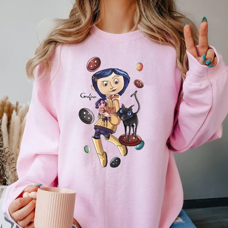 Coraline And Cat Shirt, Coraline Movie Shirt, Spooky Movie Shirt, Funny Coraline Shirt, Trendy Coraline Gift Hoodie,...