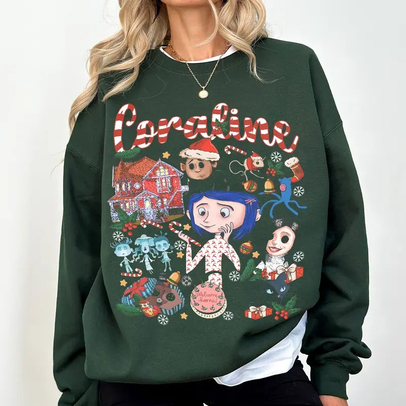 Coraline Christmas vibe T-shirt, famous horror movies tshirt, Horror Character Shirt, Halloween Crewneck Sweatshirt...