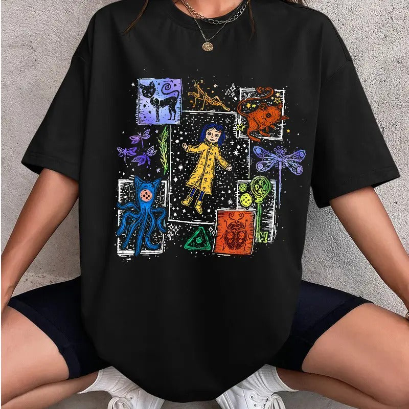 Coraline Dreaming Colorful Shirt, Horror Coraline movies, Horror Character Shirt, Halloween Crewneck Sweatshirt Hoodie