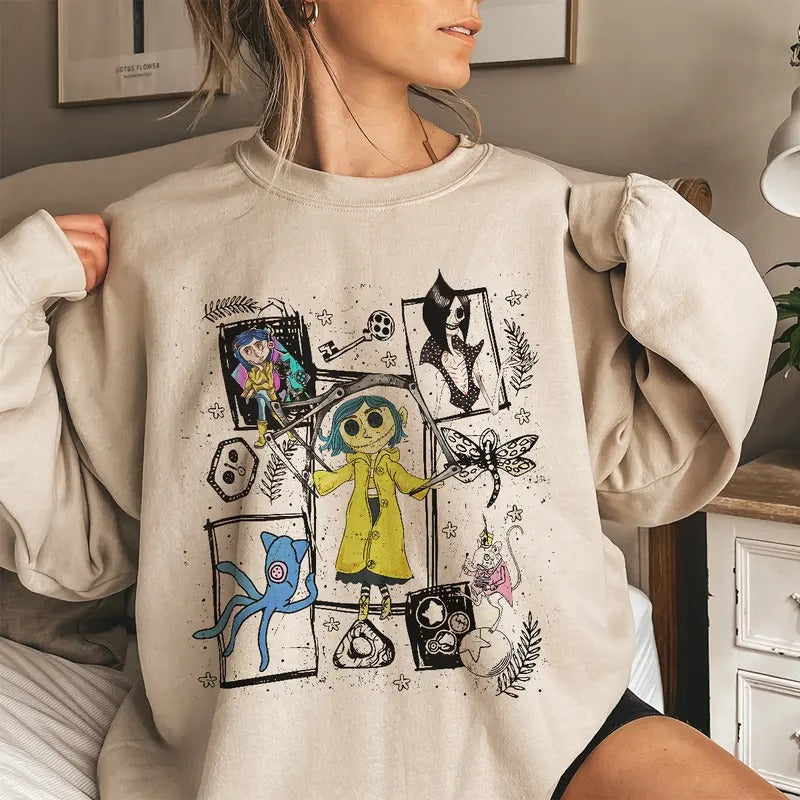 Coraline Dreaming Colorful Shirt, Horror Coraline movies, Horror Character Shirt, Halloween Crewneck...
