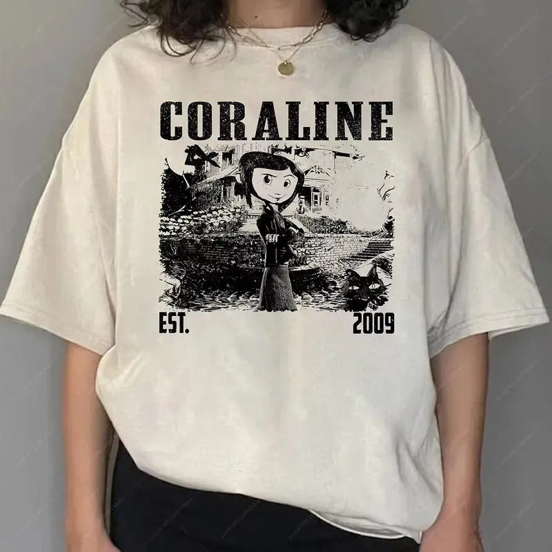 Coraline Halloween Cotton T-shirt Women Loose White Tops Short Sleeve Premium Classic Retro Printed Tee, Limited Coraline...