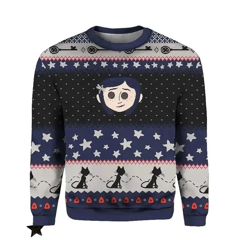 Coraline Halloween Knitted Sweater, Coraline Icons Ugly Christmas Sweater, Horror Character Woolen Sweater, Spooky Movie...