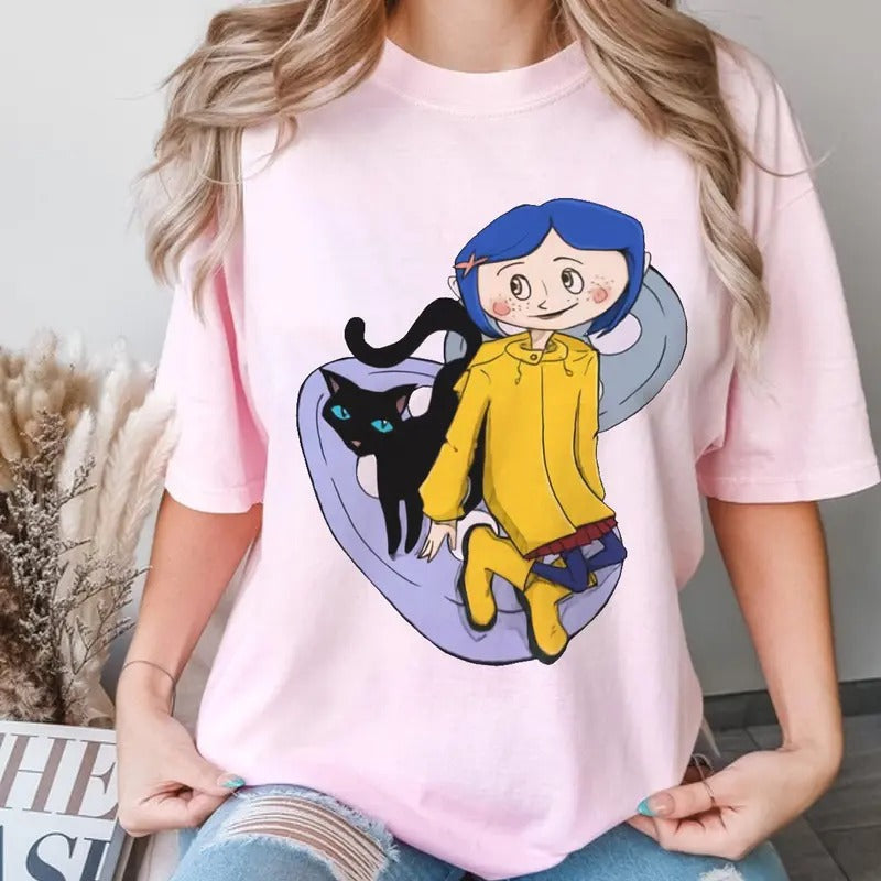Coraline with Black cat cutie Shirt, Horror Cor.ralinee movies, Horror Character Shirt, Halloween Crewneck Sweatshirt Hoodie
