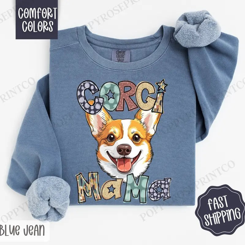 Corgi Mama Comfort Colors Sweatshirt, Mama Women's Crewneck, Cute Dog Mom Women's Sweater T-Shirts, Hoodie | HypeDripTees.com