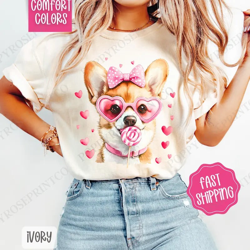 Corgi Valentine Shirt Comfort Colors, Dog Valentine's Day Women's Tee, Cute Women's Tshirt Hoodie, Sweatshirt