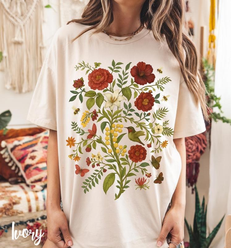 Cottagecore Whimsical Floral T-Shirt, Vintage Botanical Bouquet Tee, Boho Garden Girl Aesthetic Spring Top Womenswear...