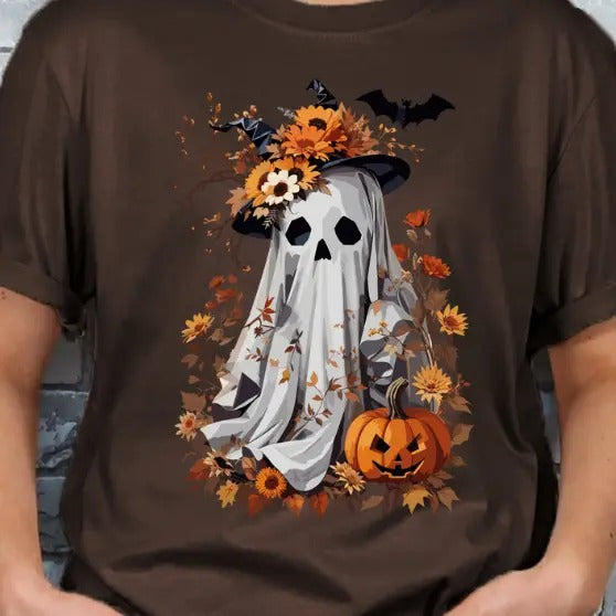 Fall Halloween Floral Ghost with Pumpkin T-shirt