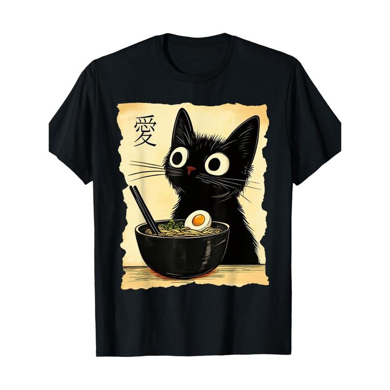 [Cotton Kawaii Cat Tee] 100% Cotton Men's Kawaii Cat Ramen Graphic Tee - Casual Crew Neck T-Shirt with Short Sleeves,...