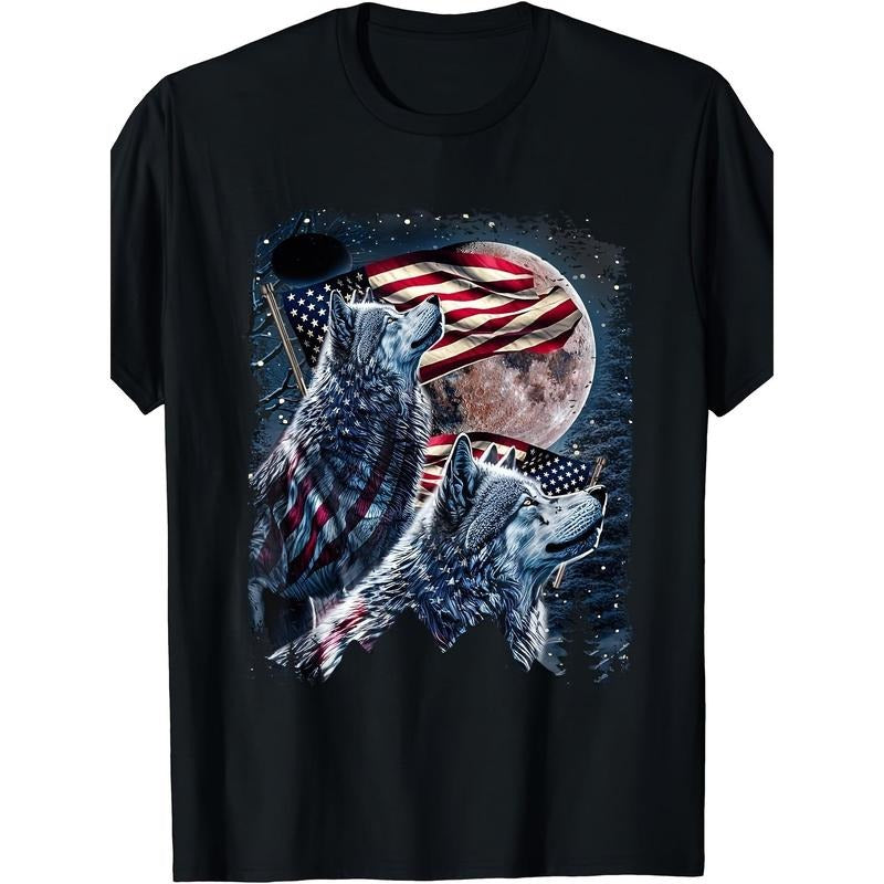Cotton Wolf 4th Of July American Flag Howling Wolves Under Moon T-Shirt Made in USA Hoodie, Sweatshirt | HypeDripTees.com