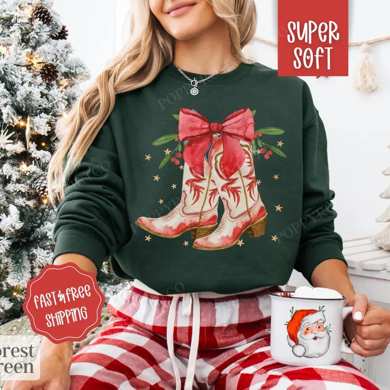Country Christmas Sweatshirt, Christmas Boots Sweater, Women's Holiday Crewneck T-Shirts, Hoodie | HypeDripTees.com