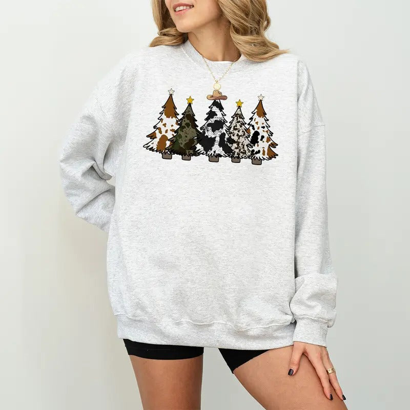 Country Christmas Sweatshirt, Christmas Tree Shirt, Western Christmas Sweatshirt, Cute Cowhide Sweatshirt, Holiday...