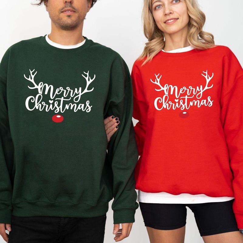 Couple Merry Christmas Sweatshirt, Reindeer Merry Christmas Family Shirt, Womens Christmas Sweatshirt, Holiday Sweater,...