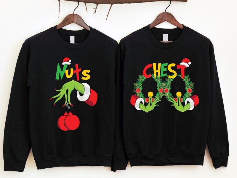 Couples Christmas Party Sweatshirt, Couples Chest Nuts Hoodie, Matching Wife Husband Sweater, Funny Christmas Gift...