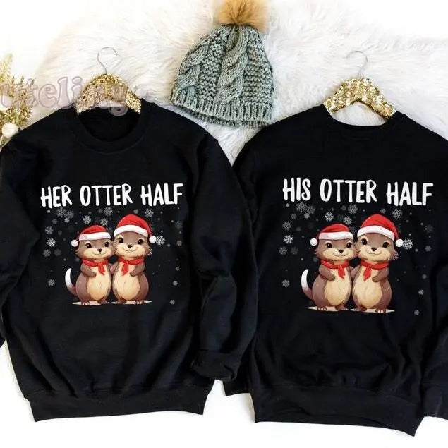 Couples Christmas Sweaters, Couple Christmas Pajamas Couple Sweatshirts Otter Puns Matching Christmas Shirts Funny Ugly...