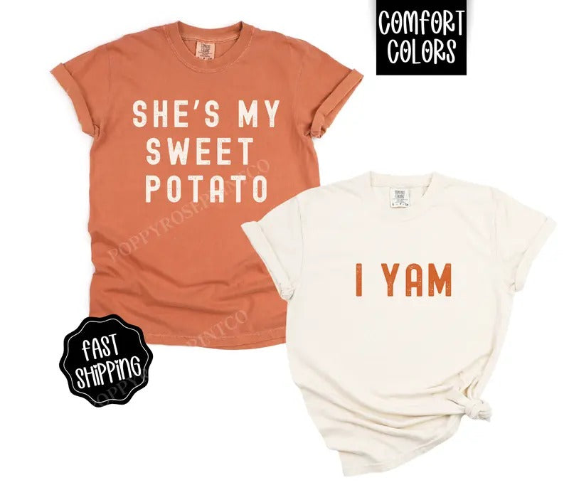 Couples Thanksgiving Shirt Comfort Colors His Hers She'S My Sweet Potato Cute Couples Shirt T-Shirts, Hoodie, Sweatshirt
