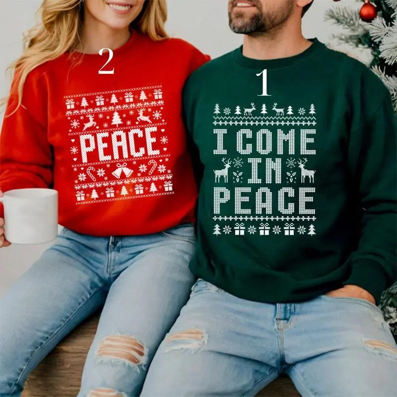 Couples Ugly Christmas Sweatshirt , I Come In Peace Couples Funny Matching Ugly Christmas Sweater, Ugly Christmas Party...