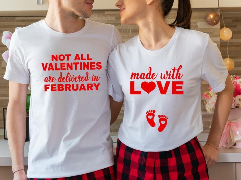 Couples Valentines Day Pregnancy Announcement Shirt, New Mom Gift T-Shirt, Funny Baby Reveal Short Sleeve, Baby Shower...