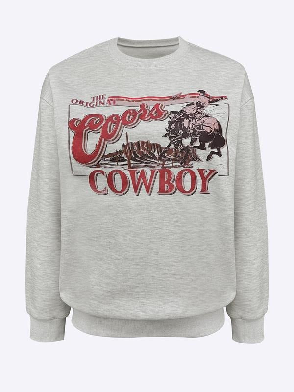 Cowboy & Letter Print Sweatshirt, Crew Neck Casual Sweatshirt For Spring & Fall, Women's Clothing T-Shirts, Hoodie
