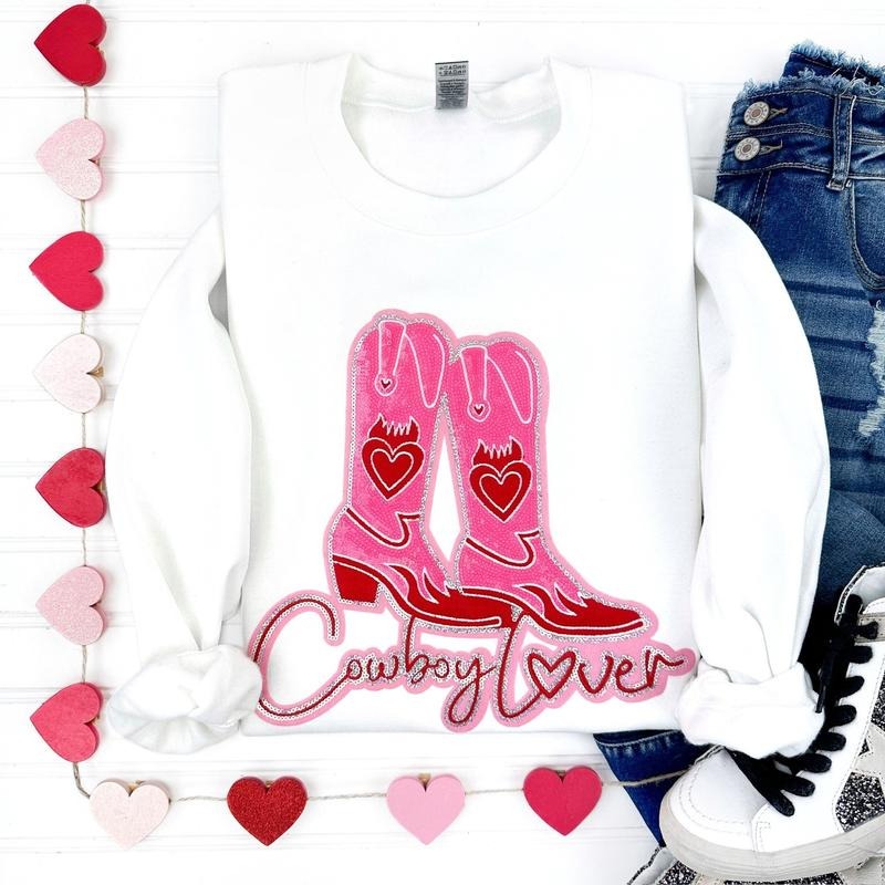 Cowboy Lover Sequin Patch Sweatshirt -- WHITE T-Shirts, Hoodie | HypeDripTees.com