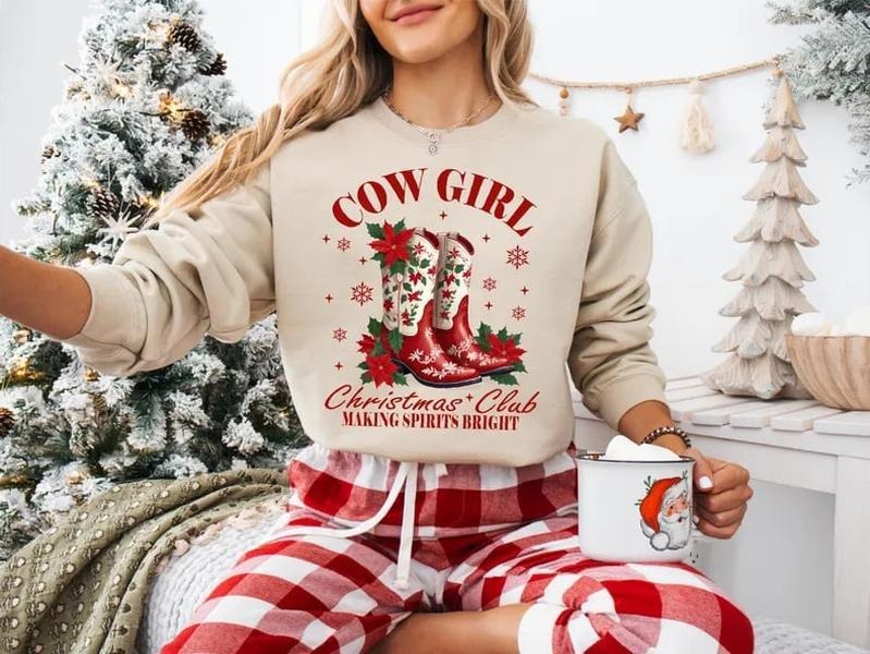 Cowgirl Christmas Club Sweatshirt, Making Spirits Bright Shirt, Winter Holiday Girl's Trip Tee, Western Theme Christmas...