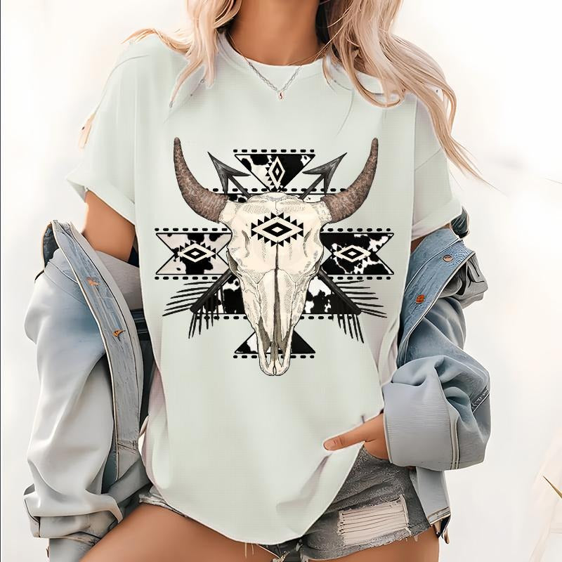 Cowgirl Skull Pattern T Shirt, Western Cowboys Print Tops, Yee Haw Texas Short Sleeve Shirt, horse Desert Skull Graphic...