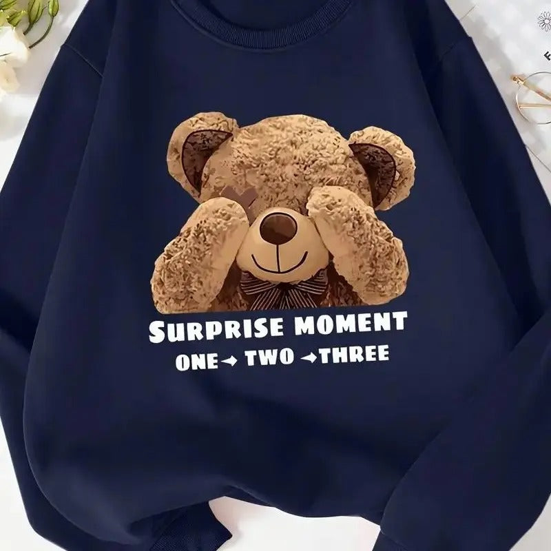Cozy B.e.ar Print Crew Neck Pullover Sweater, Surprise Moment One Two Three Sweatshirt T-Shirts, Hoodie | HypeDripTees.com