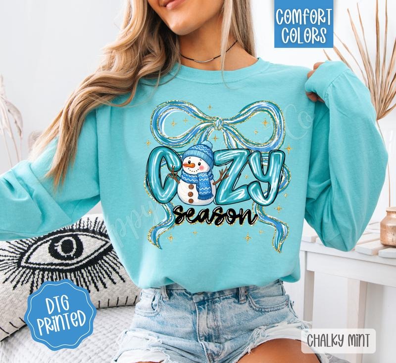 Cozy Season Snowman Comfort Colors Long Sleeve T-Shirt, Cute Women's Christmas Tee Hoodie, Sweatshirt | HypeDripTees.com