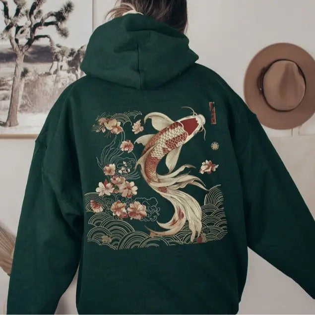 Cozy Vintage Japanese Koi Fish Hoodie, Unisex Hoodie, Nautical Animal Asian Art Nouveau Japan Hooded Sweater Pond Top...