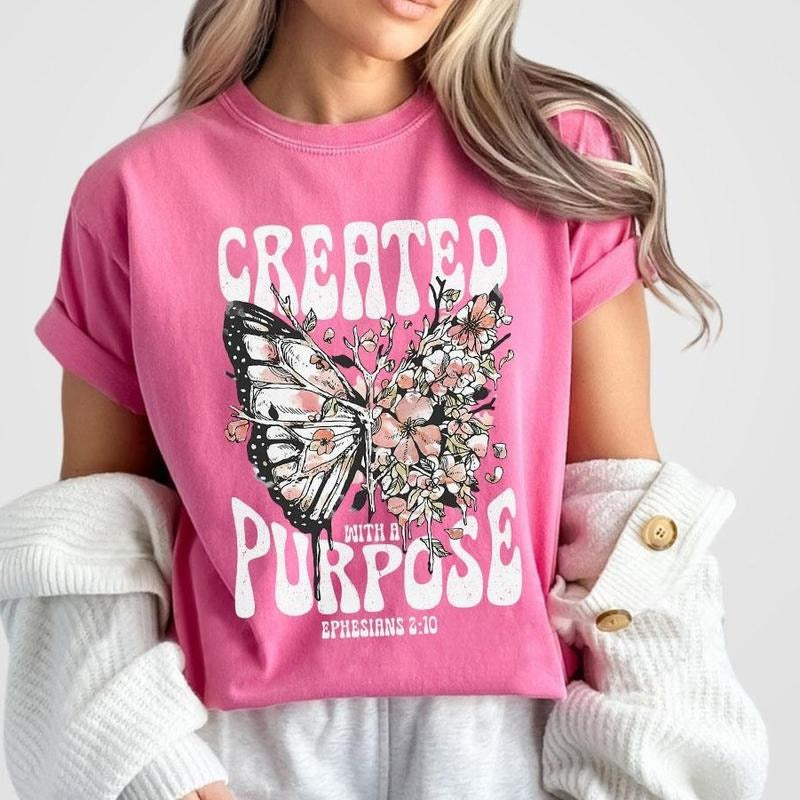Created With A Purpose Shirts, Boho Christian Shirt, Vintage Shirt For Women, Jesus Shirts, Gifts For Christians, Faith...
