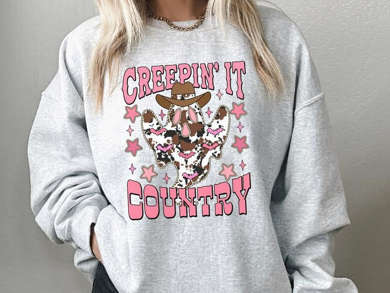 Creepin It Country Leopard Ghost Sweatshirt in Ash, Halloween Sweatshirt in Western Style T-Shirts, Hoodie | HypeDripTees.com