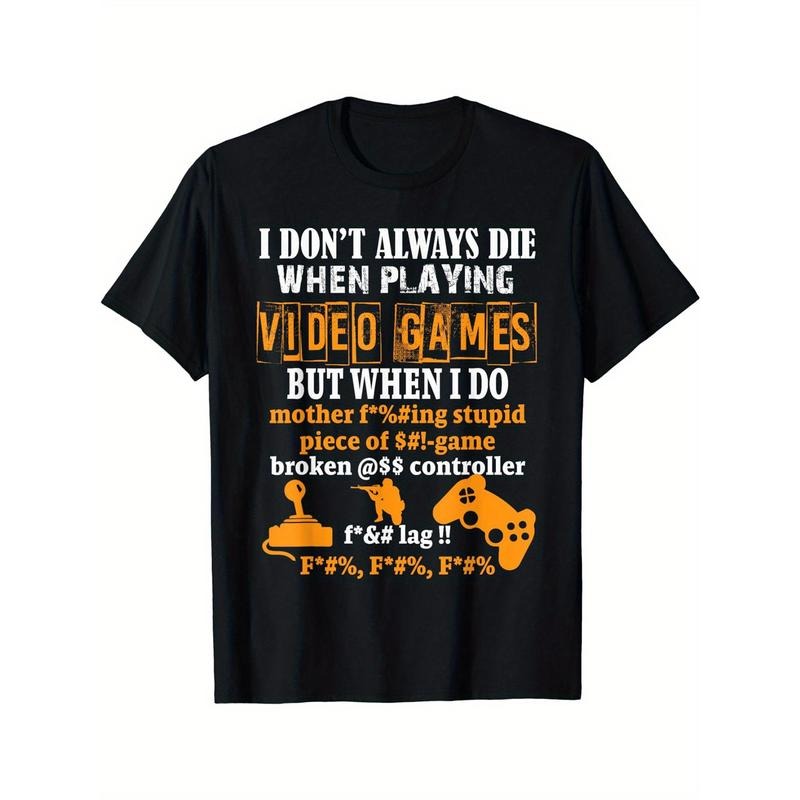 Crew Neck Letter And Game Console Print Men's Fashionable Summer Short Sleeve Sports T-shirt, Comfortable And Versatile...
