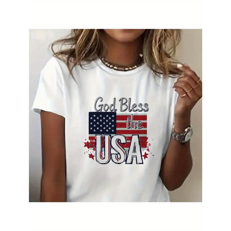 Crew Neck T-Shirt - Fashionable Womens USA Flag Graphic Print T-Shirt - Casual Short Sleeve Crew Neck Top