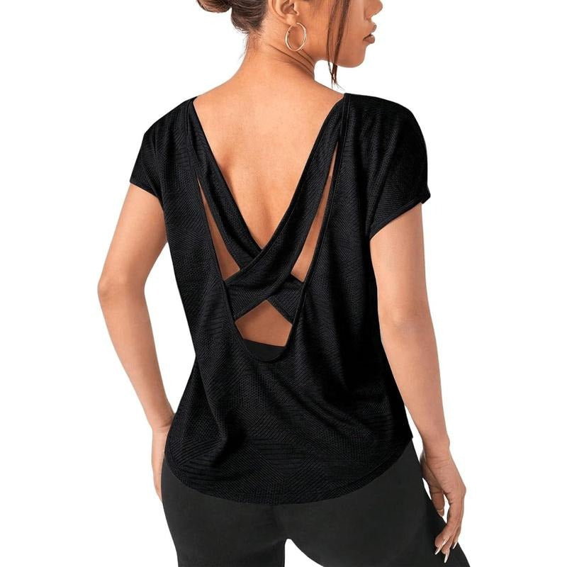 Criss Cross Backless Yoga Shirt Sports Tops Short Sleeve Round Neck Workout T Shirt Hoodie, Sweatshirt | HypeDripTees.com