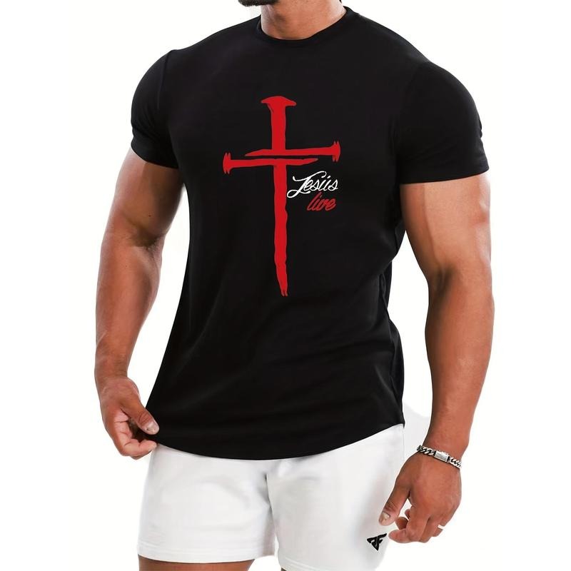 Cross & Letter JESUS LIVE Pattern Print Men's T-shirt, Graphic Tee Men's Summer Clothes, Men's Outfits Made in USA...