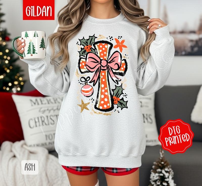 Cross With Bow Sweatshirt, Trendy Women's Christmas Crewneck T-Shirts, Hoodie | HypeDripTees.com