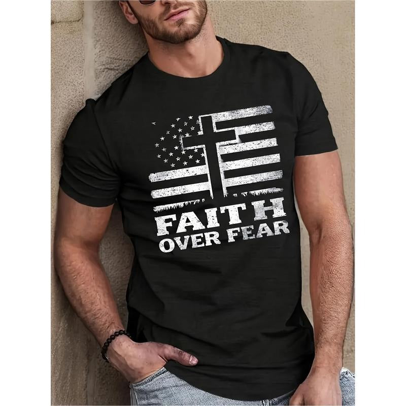 Cross, Flag And FAITH OVER FEAR Letter-printed Short-sleeved Round Neck Plus Size T-shirt, Casual Summer Outing Top Made...