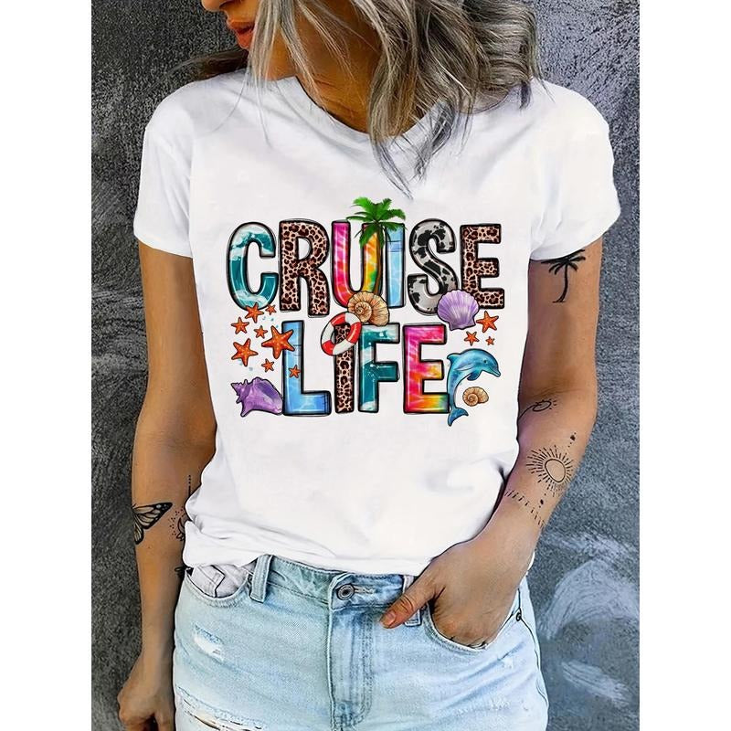 Cruise Life Letter Print Crew Neck T-shirt, Short Sleeve Casual Top For Summer & Spring, Women's Clothing Hoodie, Sweatshirt