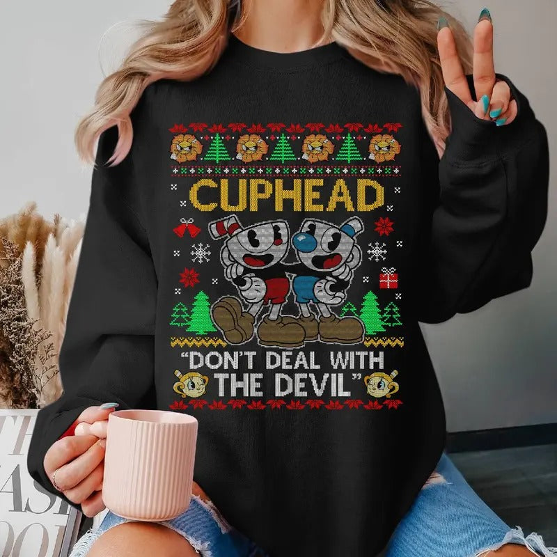 Cuphead Ugly Christmas Sweatshirt Cuphead Video Game Ugly Xmas Shirt Christmas Sweater Hoodie | HypeDripTees.com